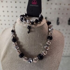 Paparazzi Silver and Black Beaded Necklace Set